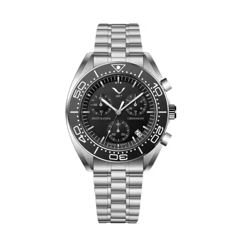 Relógio Cronógrafo Masculino Épure Black Specht & Söhne em Aço Prata — Visão Hero com Mostrador Preto